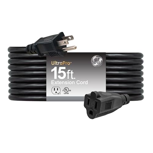 GE Outdoor Extension Cord, Heavy Duty 16AWG 3 Prong Extension Cord Outdoor, 13 Amp 15 Ft Long Power Cable, UL Listed, Black, 50369