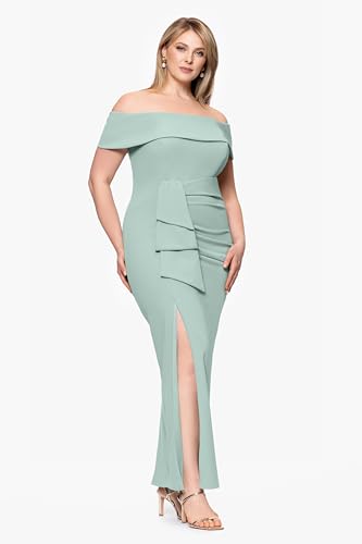 Image of Xscape Women's Plus Size Off Shoulder Straight Neck Evening Gown with Foldover Cuff, Side Ruffle, Leg Slit, Fitted Formal Dress, Sage, 18W