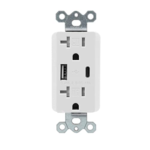Maxxima 20A Usb Wall Outlet Receptacle, 4.8A Usb Type-C/A, High Speed Charging For Smart Devices, 2 Standard Outlets, 1 Usb C 1 Usb A Charging Ports, Duplex Receptacle Tamper Resistant, Wall Plate #TOP1