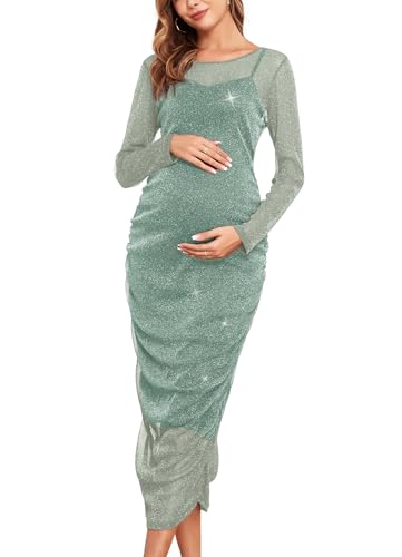 AISWI Vestido de maternidad de malla fruncido, cuello redondo, vestidos de embarazo, baby shower, boda, invitada, cóctel, fiesta, otoño 2025, Verde salvia brillante, talla más pequeña para mejor