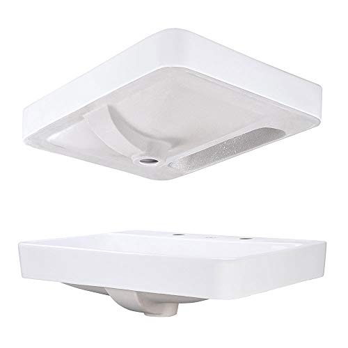 Aquaterior 23\" Rectangle Drop in Bathroom Sink White Ceramic Above Counter Semi Recessed Vessel Sink with Pop Up Drain
