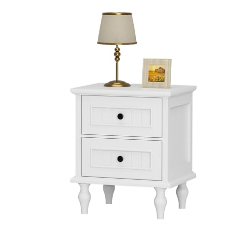 Image of Scurrty Vintage Nightstand, Antique Style End Table with 2 Drawers, Taller Nightstand for Bedroom, Side Table for Bedroom (White, Single)