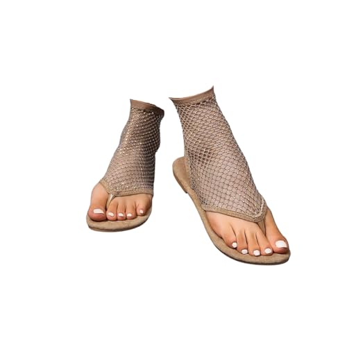 Shiny Rhinestone Mesh Flats, Bling Sandals for Women, Stretch Fishnet Stockings Hollow Short Bling Flat Shoes (Khaki,6)