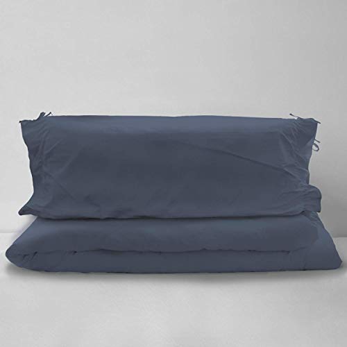 Pizuna Azul Oscuro Algodón Funda Nordica Cama 105 2 Piezas, Tejido De Satén De 400 Hilos 100% Algodón De Fibra Larga Edredon Cama, Funda Nordica 170x210 con Funda Almohada 45x130 con Cordón