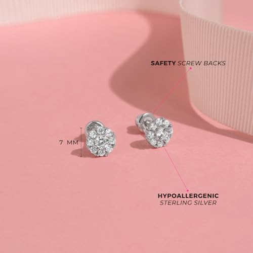 925 Sterling Silver 7mm Cubic Zirconia Flower Screw Back Earrings For Toddlers and Little Girls - Floral Girls Earrings For Formal Occasions - Bright CZ Jewelry for Little Girls4