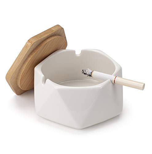 IVAILEX Ceramic Geometric Ashtray with Lid, Windproof Ceramic Ashtray for Indoor or Outdoor Use, Home Office Decoration, White