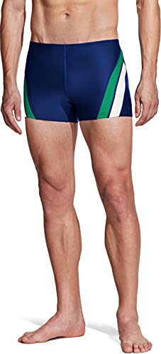 Tsla Men's Square Leg Swimsuit Jammers, Quick Dry Compression Swim Briefs, Upf 50+ Athletic Training Splice Swim Shorts, Color Splice Navy & White & Aqua Green, 30 #TOP4