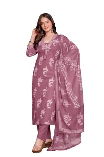 Image of PARTHVI Women's Pure Cotton Straight Kurta Set with Palazzo Pants & Dupatta|Ethnic wear|Kurta Set for Women