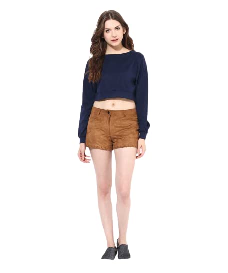 SELVIKE Round Neck Full Sleeves Solid Crop Top (Navy, X-Large) 2