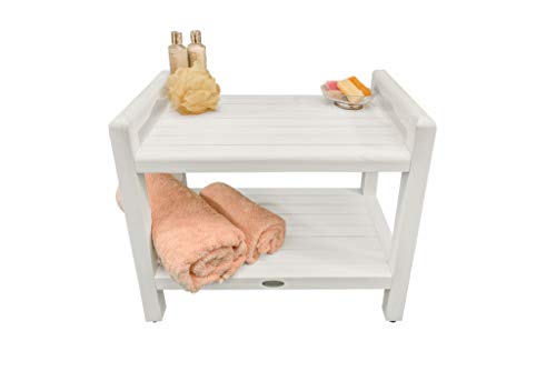 CoastalVogue Eleganto Teak Shower Stool with LiftAid Arms and Shelf, 24 inches, Driftwood - Image 5
