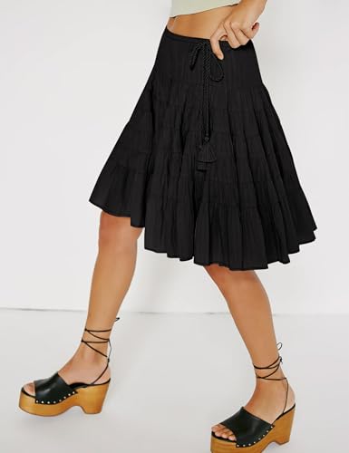 Womens Tiered Boho Pleated Drawstring Waist Knee Length Flowy Midi Short Skirts2
