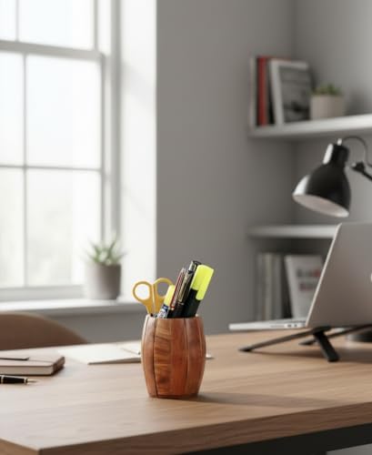 Image of Wooden Barrel Desk Organiser, Pen Holder, Brown, Vintage Style