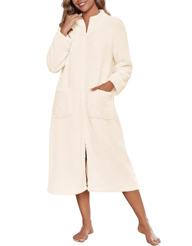 Image of Ekouaer Women Zipper Robe Fleece Long Sleeves Bathrobe Sleepwear Warm Soft Housecoat with Pockets Zip Up House Dresses