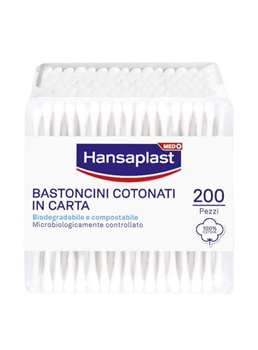 Hansaplast Bastoncini Cotonati in Carta Biodegradabile, 1 confezione x 200 pezzi, 100% Puro Cotone Idrofilo, Adatti per Pelli Sensibili, Made in Italy