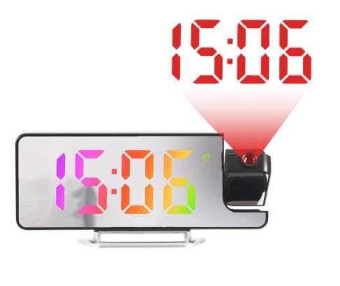 Jasfyee Despertador con proyección, indicador de temperatura, reloj despertador con proyección de 180°, brillo ajustable, radio despertador con proyección, salón, dormitorio, mesita de noche