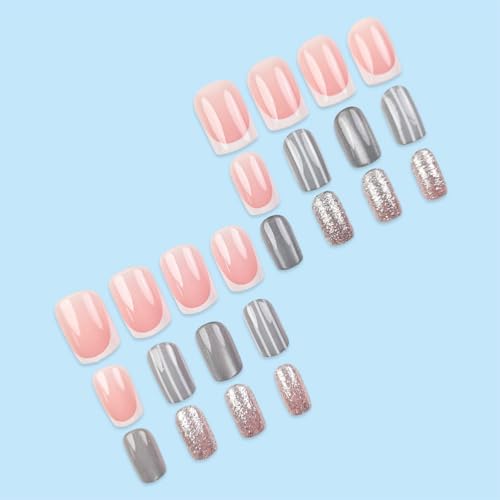 Image of Silver Glitter Press on Nails Short Square Fake Nails French Tip False Nail with Striped Design Full Cover Glossy Stick on Nail for Women Salon Manicure 24Pcs