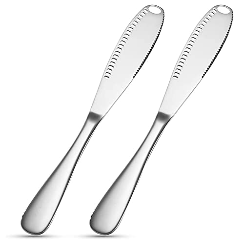 2 PCS Butter Spreader Knife - Multifunctional Silver Knife for Cold Butter - Stainless Steel Spreader with Serrated Edge - 3 in 1 Kitchen Gadgets Curler & Butter Grater