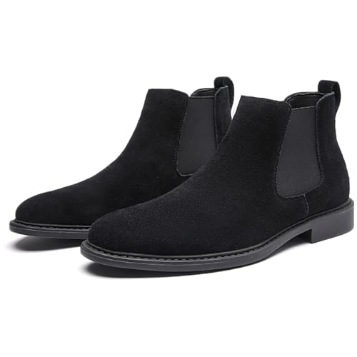 QAXZESA Men's Chelsea Boots Faux Suede Slip On Ankle Booties Comfortable Business Casual Walking Party Dress Shoes,Black,44