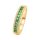 Ayoiow Vorsteckring Gold 750 Ehering mit Laborsmaragd und Moissanit Damen, 18K Gelbgold Halb-Ewigkeit Eheringe 750 Gold, Größe 48 (15.3)