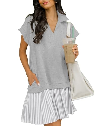Image of Women's V Neck Short Sleeve Summer Dress Cap Sleeve Casual Loose Fit Pleated Striped Shirt Dress