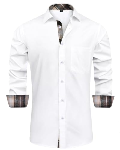 HMIYA Herren Baumwolle Hemd Langarm Stretch Herrenhemd Karokragen Regular Fit Businesshemd Bügelleichtes Freizeithemd,Weiß,XXL