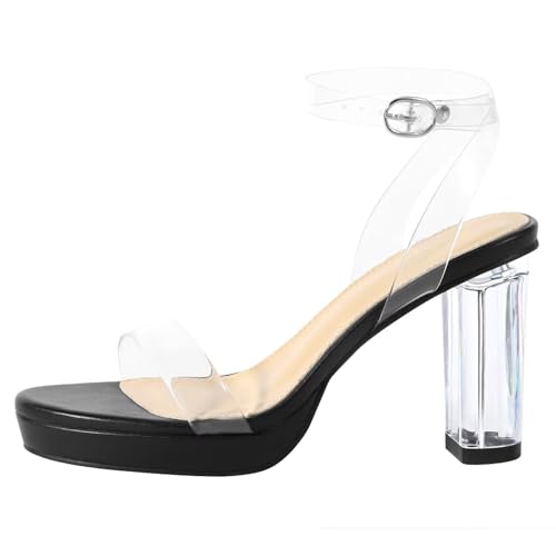 Image of ZriEy 4-Inch Platform Clear High Heels for Women Block Chunky Heeled Sandals Open Toe Ankle Strap Heels Wedding Party Evening Prom Dress Pump Sandal Shoes