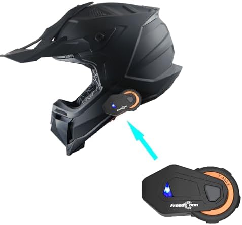 1Storm Adult Motocross Helmet ATV Dirt Bike BMX MX Downhill Mountain Helmet Track Style JH601; Matt Black + Motorcycle Bluetooth Headset