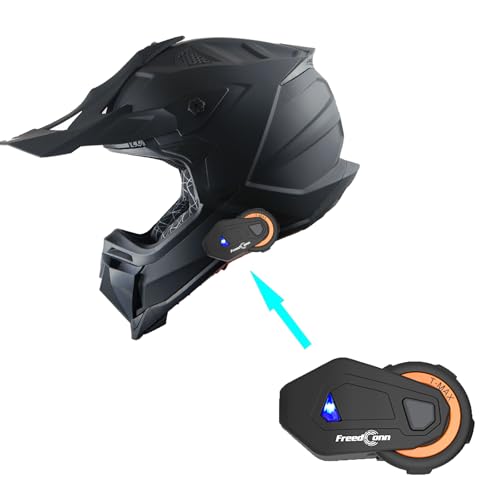 1Storm Adult Motocross Helmet ATV Dirt Bike BMX MX Downhill Mountain Helmet Track Style JH601; Matt Black + Motorcycle Bluetooth Headset