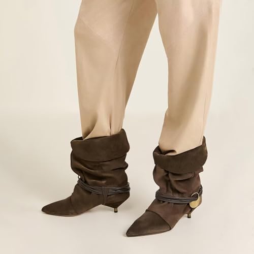 Agodor Women's Slouchy Ankle Boots - Pointed Toe Kitten Heels Booties Wide Calf Boho Suede Cowboy Boots Fold Over Mid Calf Slip On Comfortable Shoes4