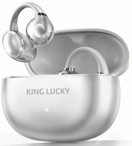 King Lucky Open Ear Earbuds Clip-On Bluetooth 6.0 Wireless Headphones with Mic, 50H Playtime, ENC Clear Calls, IPX5 Waterproof, Comfortable for Small Ears Sports Gaming (Moonlight Silver, Standard)