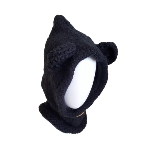 BESTYASH Cute Unicorn Design Knitted Cape Hat Boys and Girls Winter Beanies Handmade Bear Hat Scarf Knitted Beanie for Boy Girl Black
