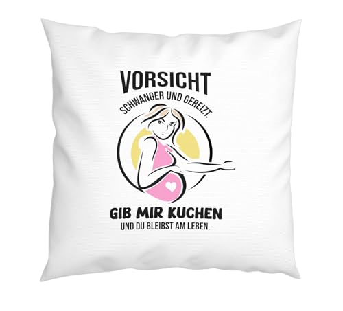 LIEBTASTISCH - Kissen mit Spruch - Vorsicht Schwanger und gereizt - Zierkissen mit Motiv - Geschenkidee - Schwangeren Frauen - Schwangerenkissen - Schwangerschaftsgeschenk