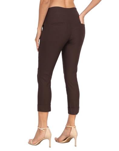 Image of HDE Pull On Capri Pant for Women w /Pockets Elastic Waist Cropped Work Pant | Comfortable Pull On Waist, Tailored Fit with Cuff, Stretchy Summer Office Pants, 24.25 inch Inseam, Professional Dress Capris