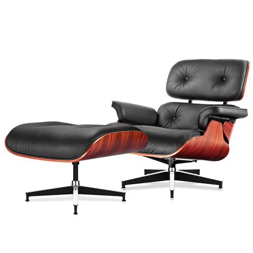 Image of Top Black Grain Leather, Mid Century Chaise Lounge Chair and Ottoman, Modern Chair Classic Design, Red Rosewood, Heavy Duty Base Support for Living Room Office