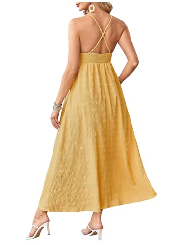 Image of Milumia Women's Summer V Neck Backless Maxi Dress Boho Spaghetti Strap A Line Flowy Beach Long Sundress