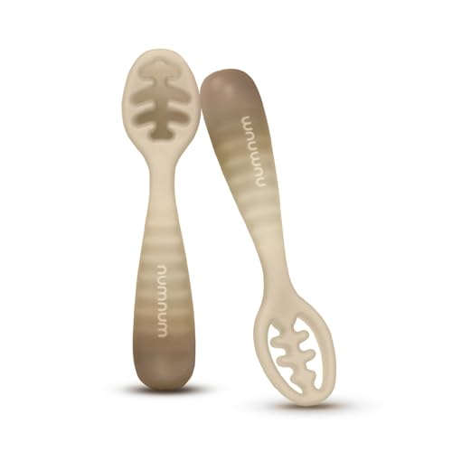 Image of NumNum Baby Spoons Set, Baby Essentials Pre-Spoon GOOtensils for 12+ Months, First Stage Self-Feeding Spoons for Baby Led Weaning (BLW), Silicone Toddler Utensils, BPA-Free, 2 Pack Beige