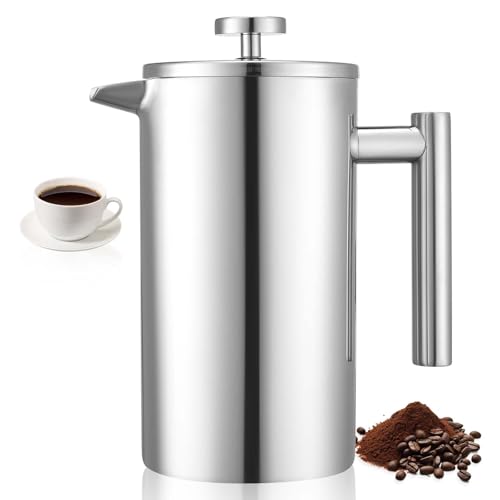 VEVOR Cafetera Francesa de Acero Inoxidable 1 L con Filtro, Tetera Grande de Doble Pared con Aislamiento, para Café Frío, Ideal para Camping, Viajes, Hogar y Cocina, Plata, 180 x 105 x 220 mm