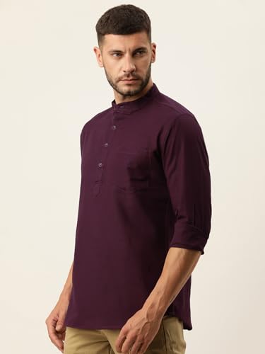 Image of KRYPTIC Men's Full Sleeve Regular Fit Short Kurta in Premium Pure Cotton with Patch Pocket and Mandarin Collar - Perfect Blend of Style and Comfort