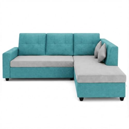 Image of FURNY Nathan 4 Seater L Shape Sofa Set RHS (Sky Blue-Light Grey) | Suede Velvet Finish | Durable Comfort Sofa for Modern Living Room & Office Spaces