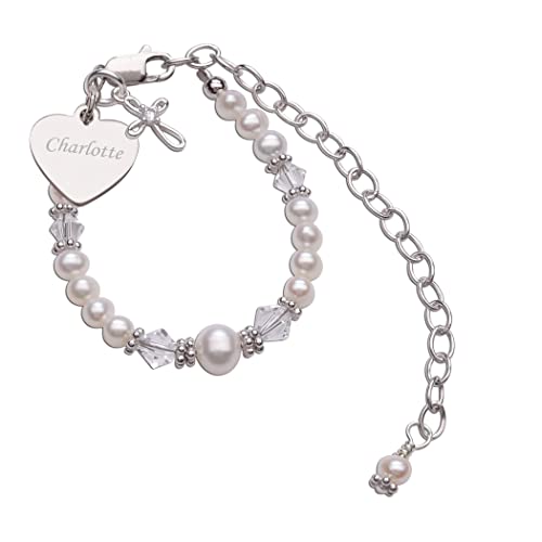 Image of Cherished Moments Personalized Baptism to Bride Cross Bracelet Gift for Girls with Engraved Heart in 925 Sterling Silver and Cultured Pearl