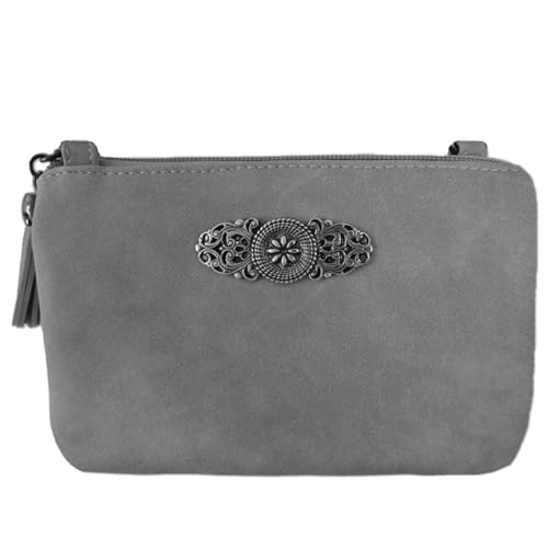 Trachtenland Damen Trachten Handtasche Sofia Dirndl Umhängetasche aus Lederimitat mit Applikation & Troddel in Pastellfarben oder Schwarz (Dunkelgrau ca. 18 x 12 x 8 cm)