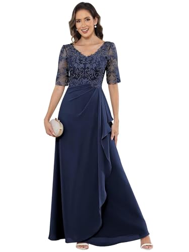 Mother of The Bride Dresses for Women Floor Length Half Sleeve Chiffon Lace Applique Wedding Guest Dress Formal Evening Gowns