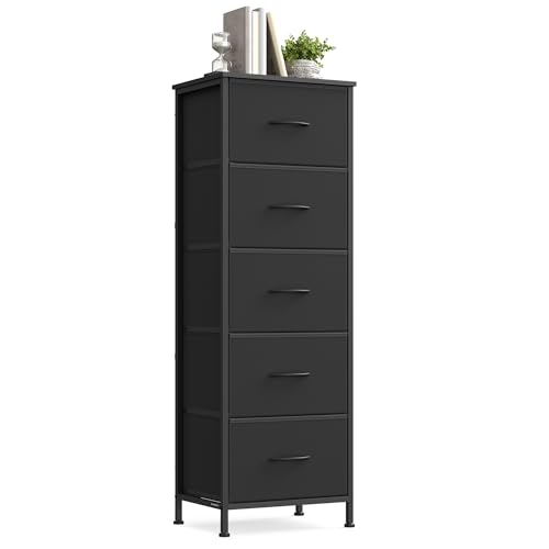 SONGMICS Kommode, Schrank, 5 Stoffschubladen, Aufbewahrungsschrank, Stahl, MDF, Vliesstoff, für Schlafzimmer, Flur, Wohnzimmer, tintenschwarz-ebenholzschwarz LGS315BH03 SONGMICS Kommode, Schrank, 5 Stoffschubladen, Aufbewahrungsschrank, Stahl, MDF, Vliesstoff, für Schlafzimmer, Flur, Wohnzimmer, tintenschwarz-ebenholzschwarz LGS315BH03