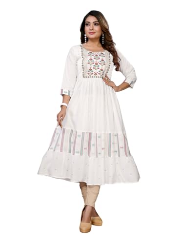 Image of rangita Women Rayon Regular Fit Calf Length Embroidered Tiered Flared Kurti | Kurta