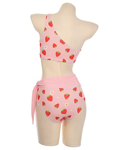 haikyuu Women Strawberry Pink One Shoulder Two Piece Swimsuit High Waisted Bikini Kawaii Cute Swimwear Bathing Suit4