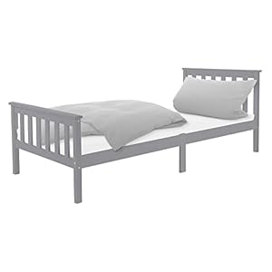ML-Design Houten Bed 90×200 cm Lichtgrijs, Massief Grenen, Ledikant met Lattenbodem en Voeten, Eenpersoonsbed met Hoofdbord en Voetenbord, Bed voor Kinderen en Volwassenen, Massief Houten Bed