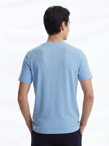 Image of DAMENSCH Men's Striped Texture, Cotton-Rich Comfort, Regular Fit, Solid Colours Striped T-Shirts