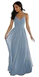 LANGKAAO Spaghetti Straps Dusty Blue Bridesmaid Dresses Long for Women with Pockets A-Line V Neck Ruched Chiffon Formal Party Gown Size 16