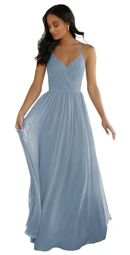 Women's V Neck Bridesmaid Dresses Long for Wedding A-Line Chiffon Open Back Formal Gown with Pockets