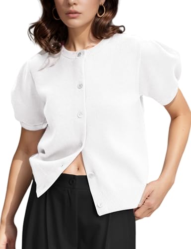 Image of Yimoon Women's Lightweight Puff Short Sleeve Cardigan Sweater | Summer, Y2K, Cropped Knit, Button Up, Blouse Tops